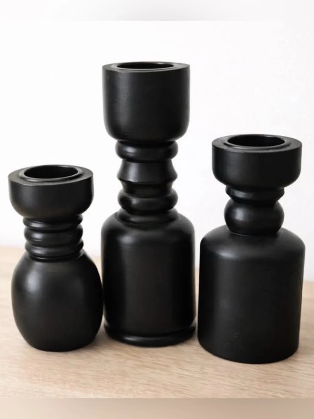 Black Wooden Modern Sculptural Candle Holders - Set of 3